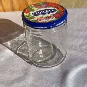 JARS - 1 empty LOWELL FOODS clear glass jar with metal screw on lid, vegetables